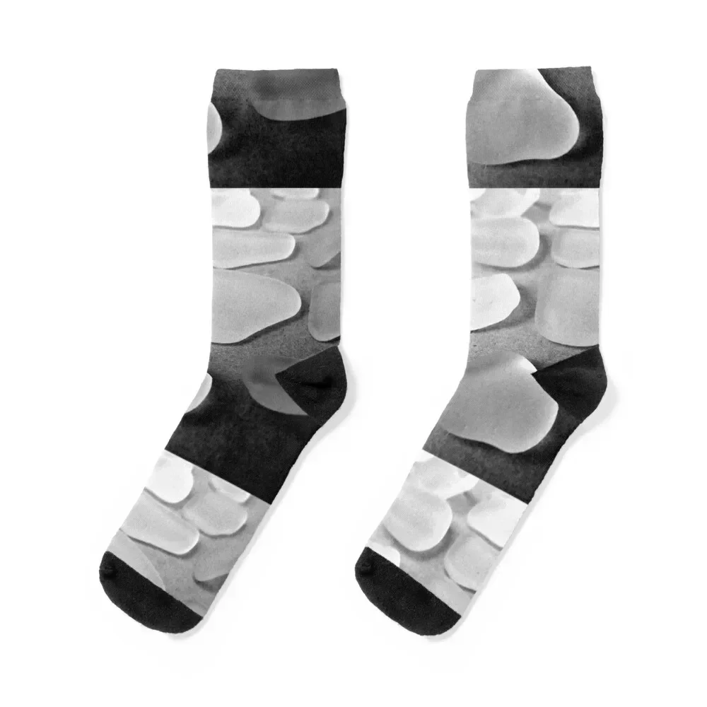 White Sea Glass Pieces on Grey Card - Photo of Sea Glass Socks golf Stockings man winter hiking Socks Women Men's