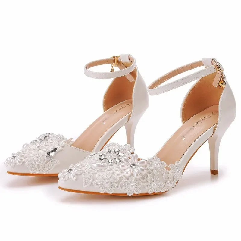 Fashion Summer Women High Heels Sandals Rhinestone Buckle Strap PU 9.5CM Thin Heels Elegant Office Work Women Shoes White