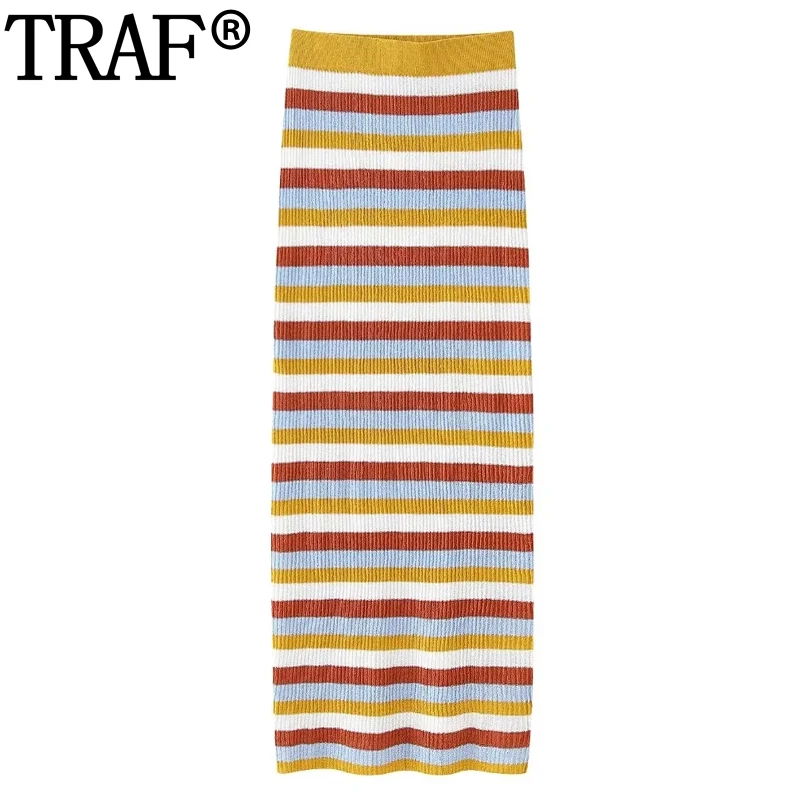 TRAF Striped Knit Skirt Woman High Waist Long Skirts For Women Stylish Cut Out Summer Skirt Streetwear Elegant Women'S Skirts