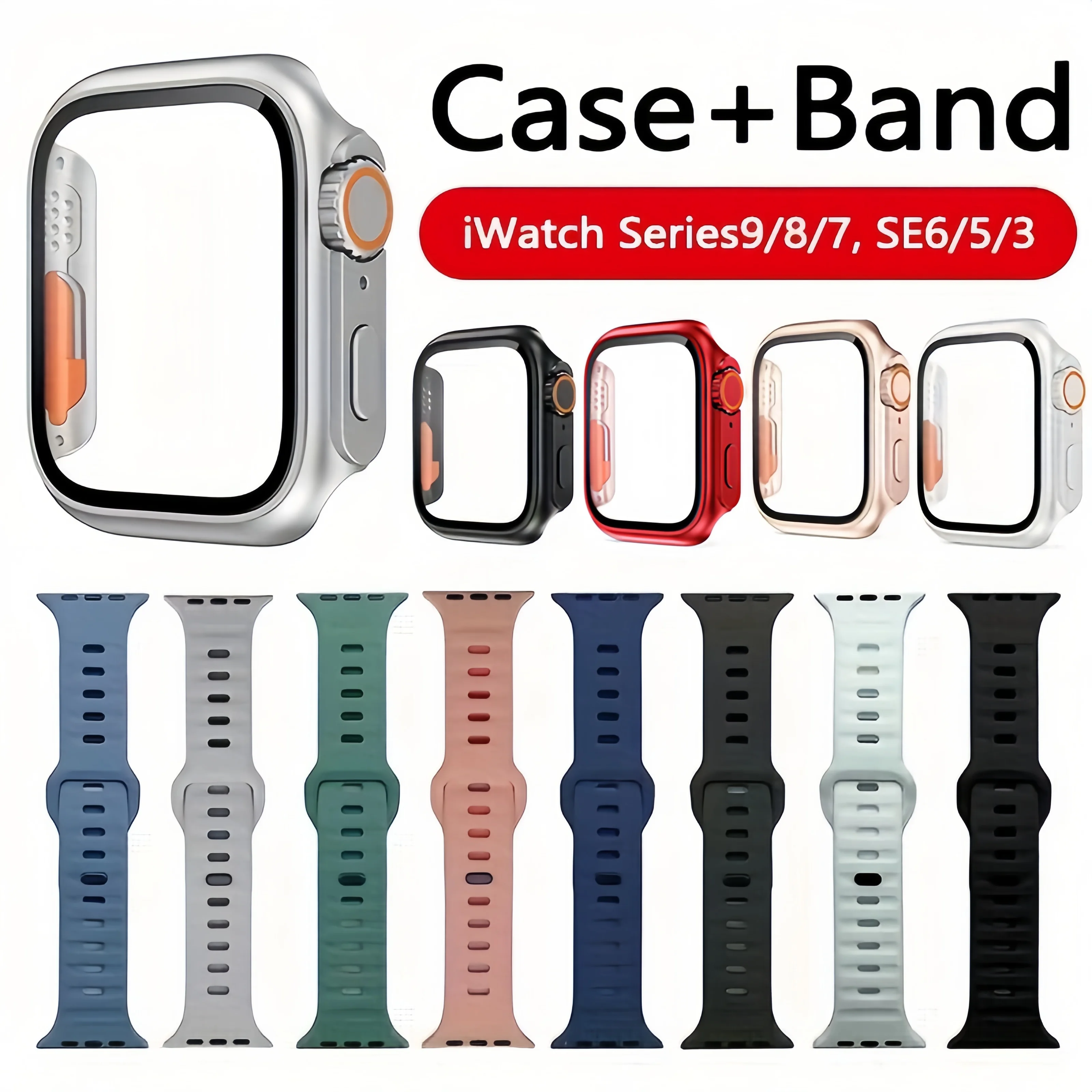 Silicone Strap+case For Apple Watch Band 44mm 45mm 41mm 40mm Tempered Glass Cover Change To Ultra For lWatch Series 9 8 7 SE 6 5