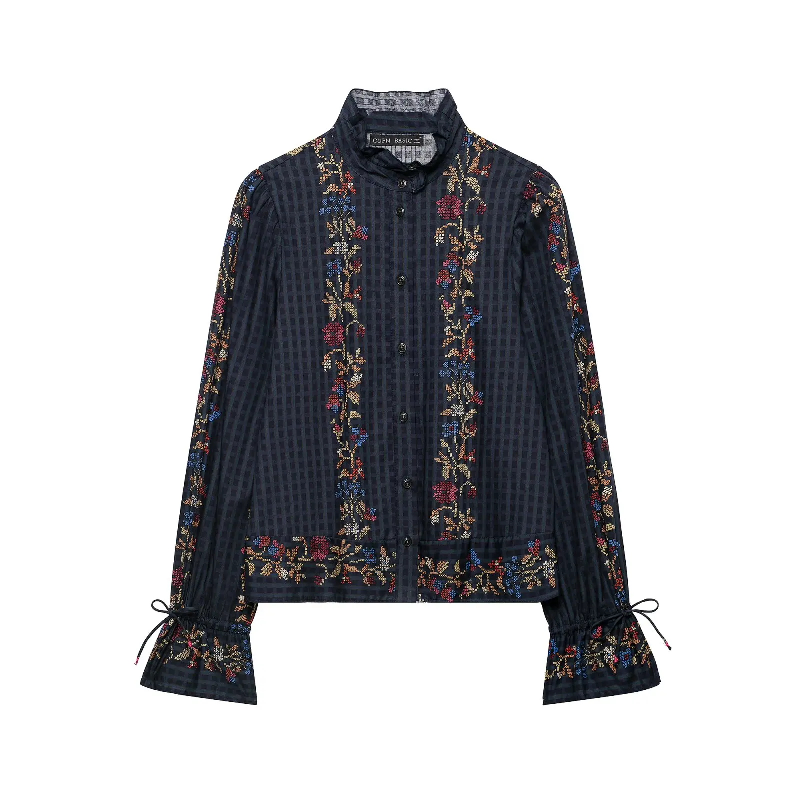 Fall New Women Long Sleeve Stand Collar Print Layered Decor Shirt