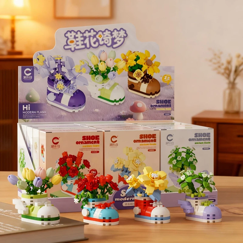 Nouveau produit chaussure d'éveil fleur succulente plante en pot modèle micro-particules assemblé blocs de construction jouets cadeaux ornements