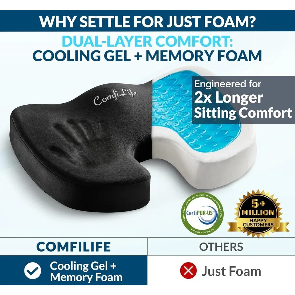 Gel & Memory Foam Seat Cushion for Office Chair Car Seat Sciatica Relief Black