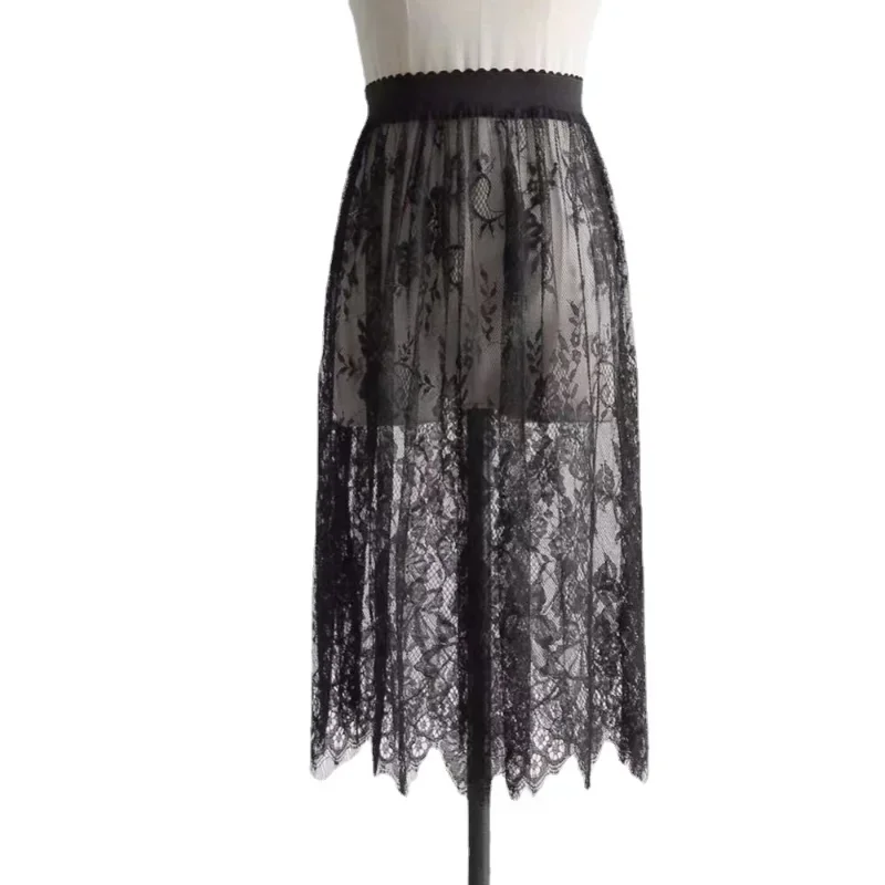 Women Sexy Mesh Lace Transparent Long Tulle Skirt Korean Fashion Summer Ladies Elastic High Waist Black White Beach Midi Skirt