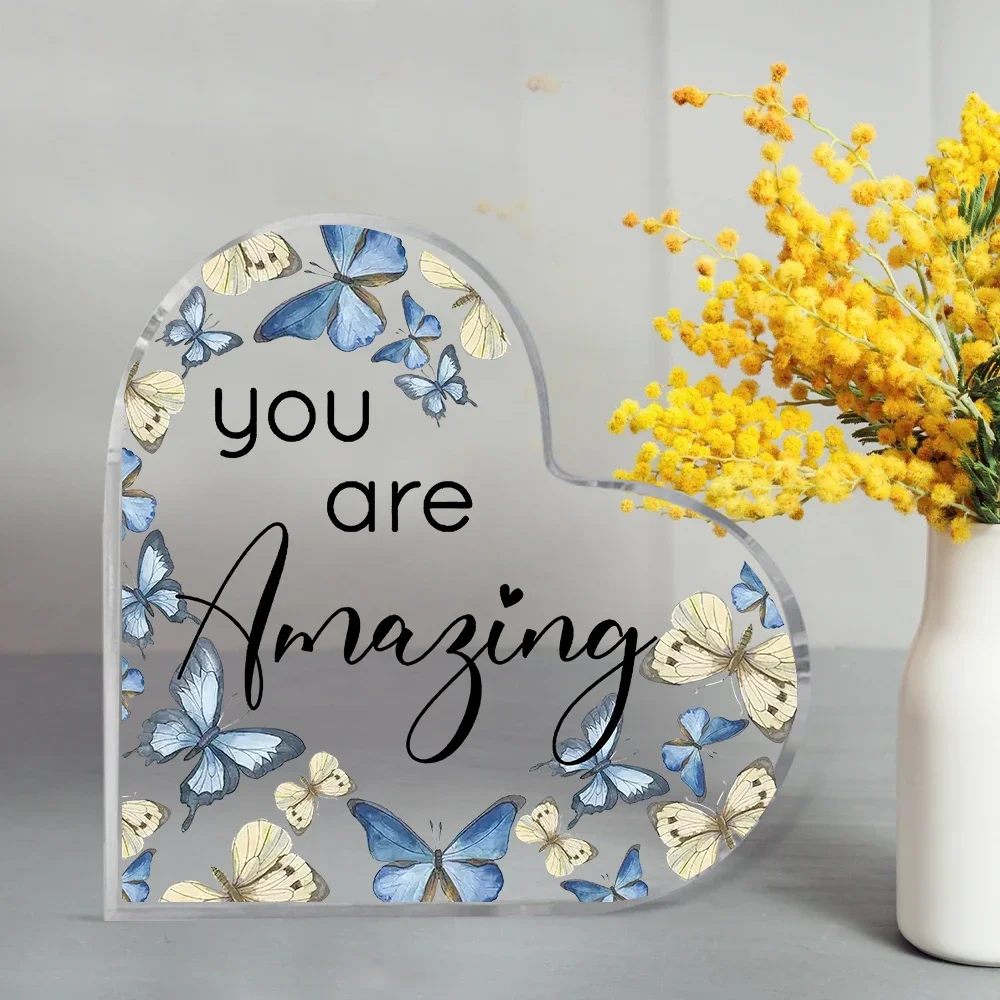 Blue Butterflies Print Clear Acrylic Heart Plaque Encouragement Gift,You Are Amazing Heart Shaped Acrylic Plaque Blue Yellow Butterfly Desktop Decor