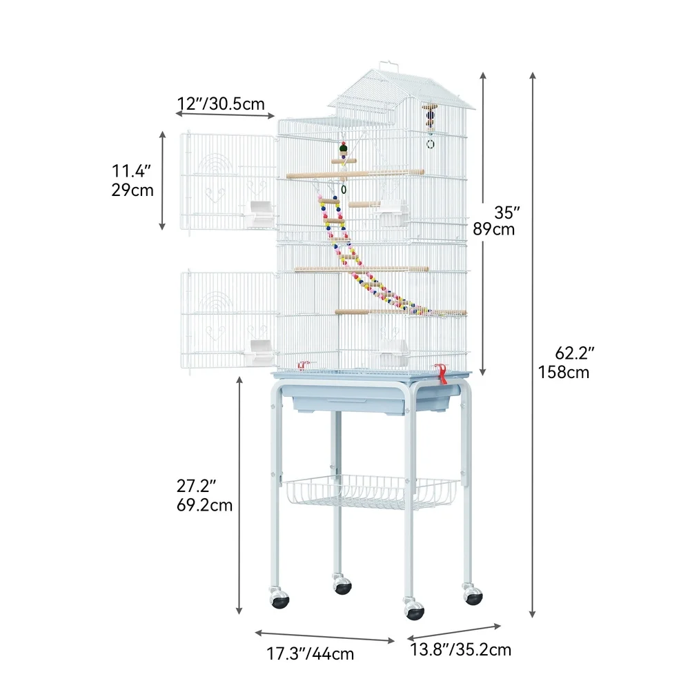 قفص طيور معدني كبير مقاس 62 بوصة مع حامل دوار، تصميم 4 أبواب، ألعاب معلقة، الببغاوات المثالية، طيور الحب