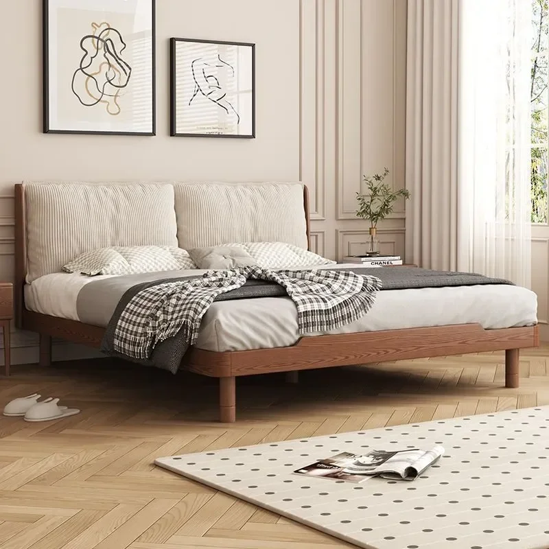 for Elephant Ears Solid Wood Soft Bed New Chinese Style Household Small Unit Ash Wood Flush Bed Comfortable Corduroy Backrest
