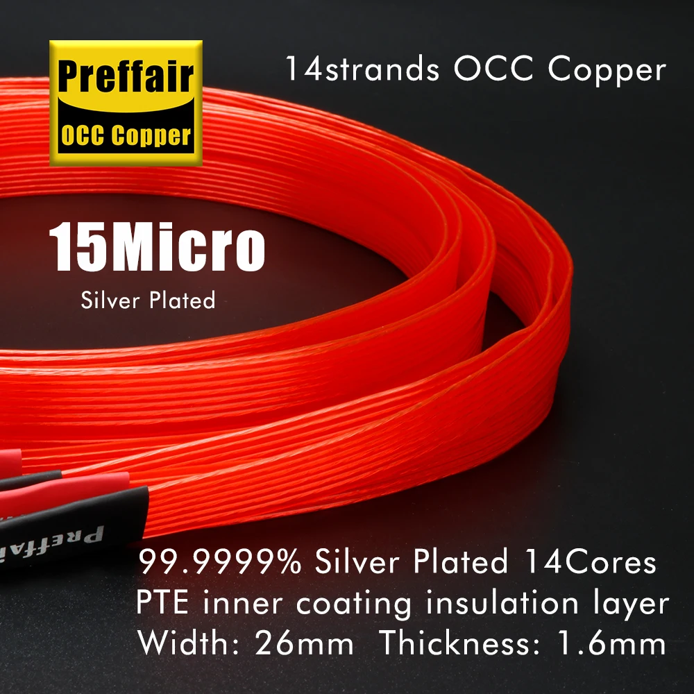 زوج كابل مكبر الصوت الأحمر كابل مكبر الصوت المسطح مطلي بالفضة OCC مطلي بالفضة عشاق الصوت Hifi كابل الصوت مكبر للصوت