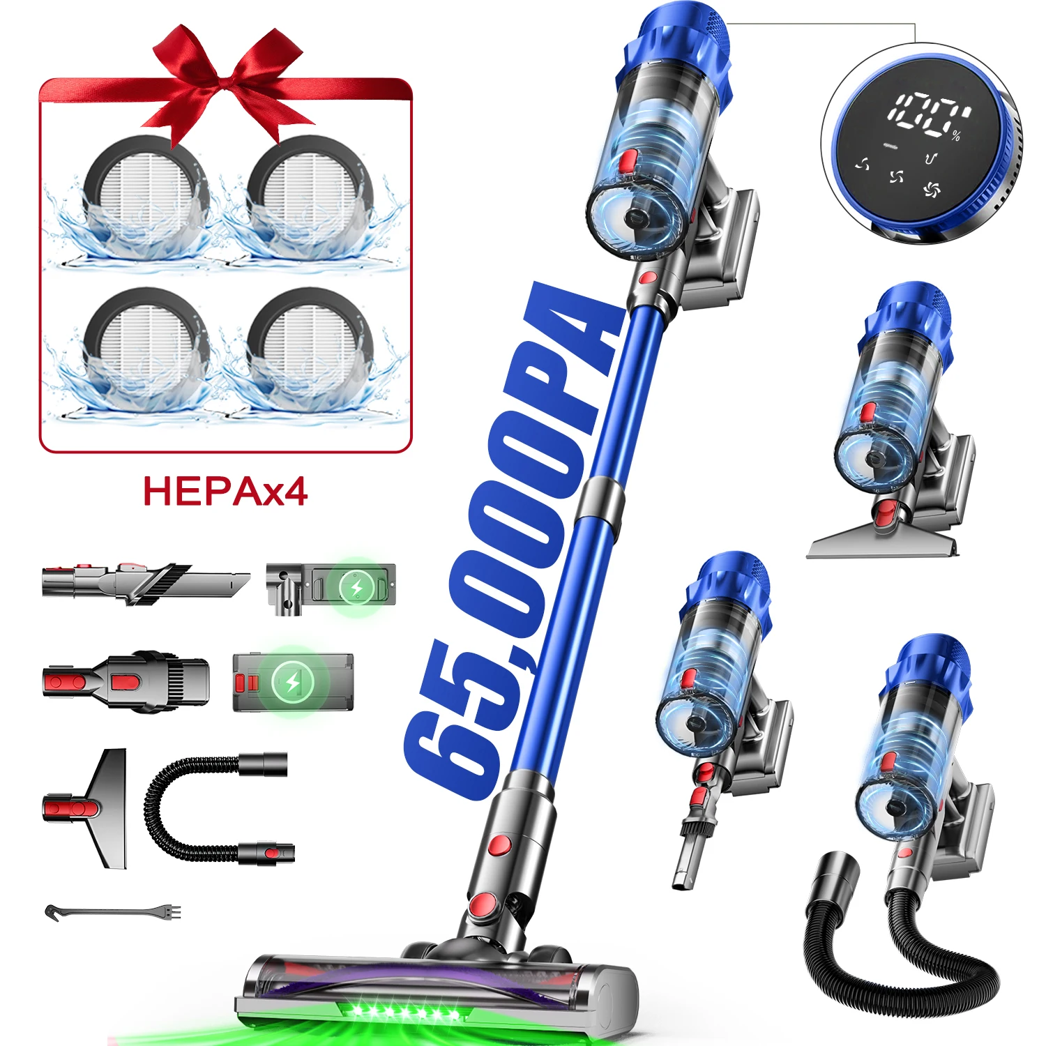 Daccormax draadloze steelstofzuiger 65000 Pa met 8-laags HEPA-filtratie, 1,8 liter stofbeker, anti-wirwarborstel voor dierenharen
