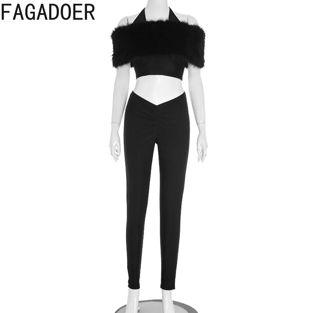FAGADOER Sexy Pelz Patchwork Zwei Stück Outfits Frau Halfter Ärmelloses Backless Crop Top und Leggings Weibliche Streetwear Kleidung