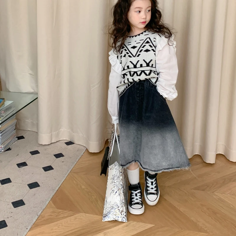 Spring Autumn Girls\' Denim Skirt 2023 Summer New Korean Baby Kids Retro Gradient Skirt Children\'s Fashionable Long Skirt