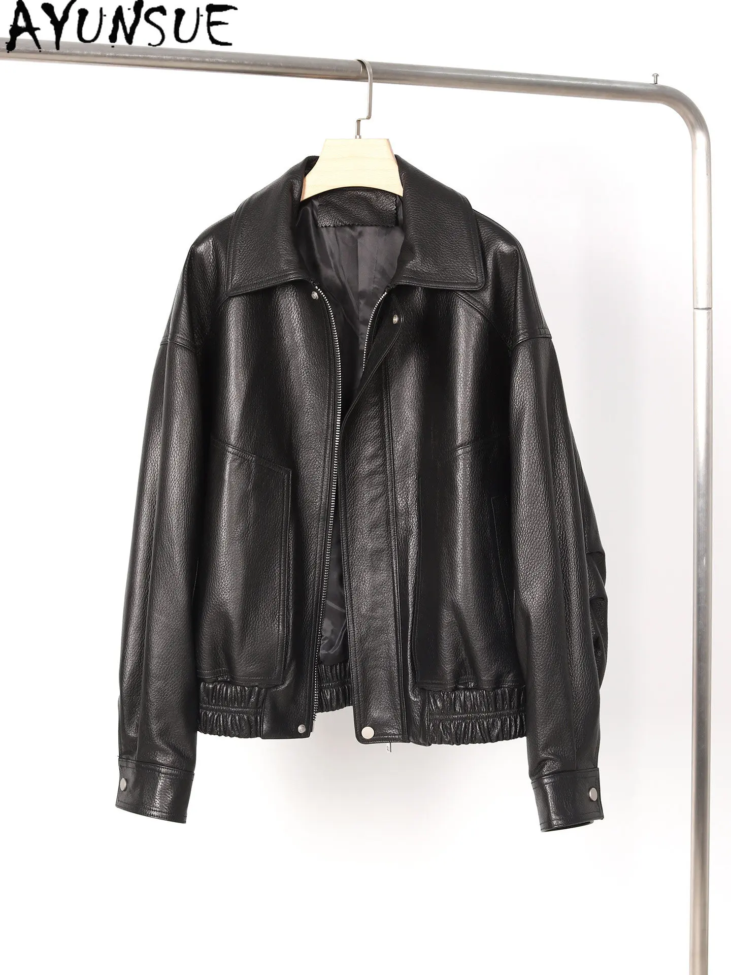 AYUNSUE Natural Goatskin Real Leather Jacket Women Black Motorcycle Womens Coats Vintage Autumn Clothes Short Casaco Feminino