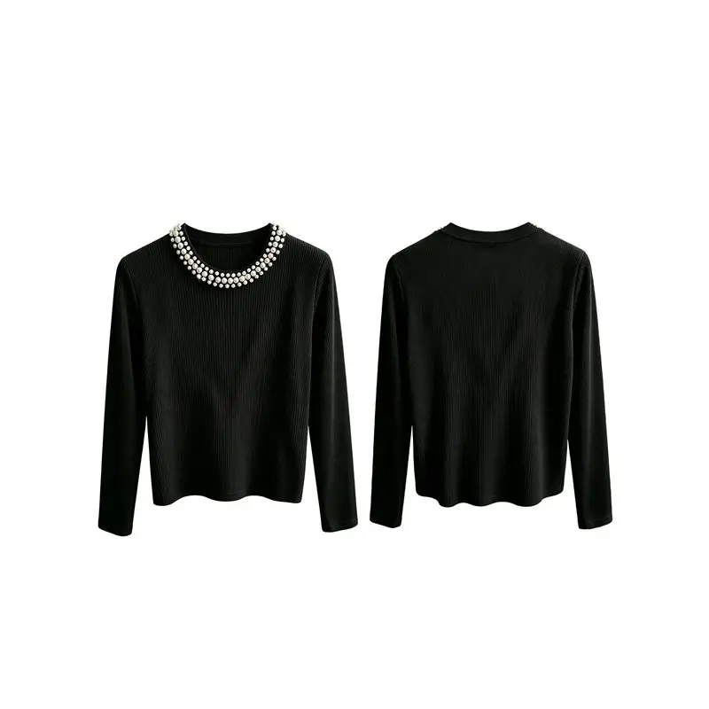 CYL-Women Elegant Pearl Embellished Crew Neck Vertical Ribbed Knit Slim Fit Long Sleeve Layering Top