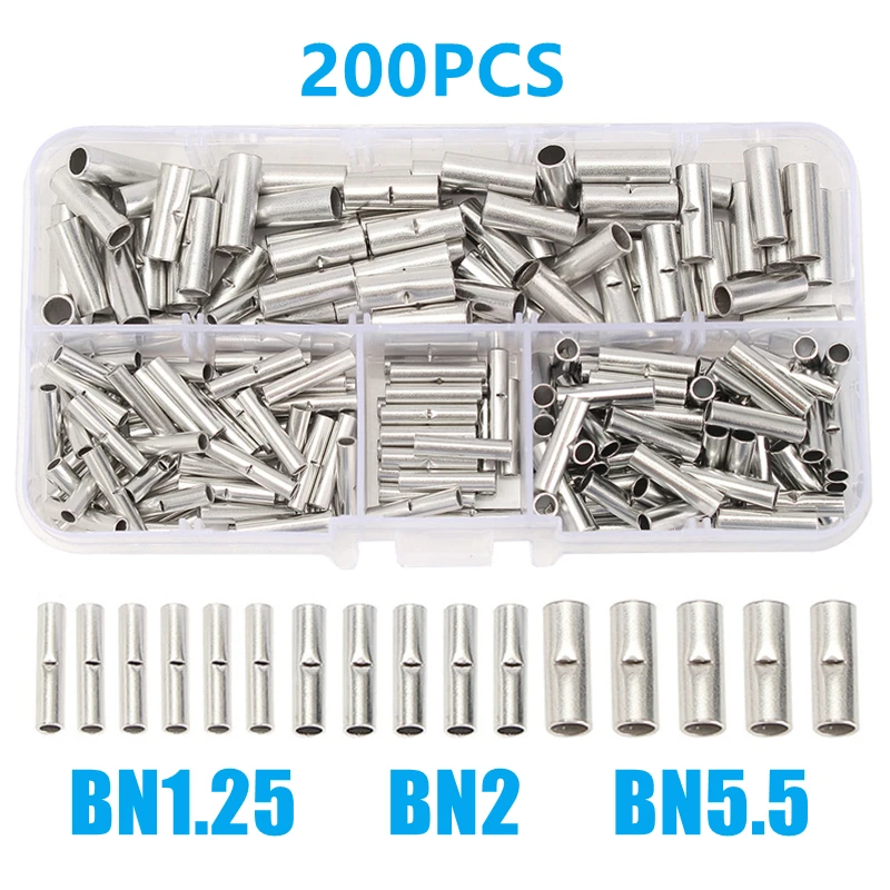 200Pcs Electrical Cable BN Crimp Terminals Butt Wire Connectors Ferrules Tinned Copper Splice Non-Insulated Sleeves Bare kit
