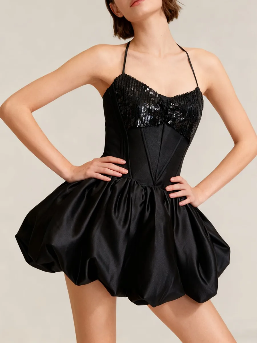 TWOTWINSTYLE Fashion Spliced Sequins Mini Dresses for Women Halter Sleeveless High Waist Patchwork Strap Elegant Dress Female