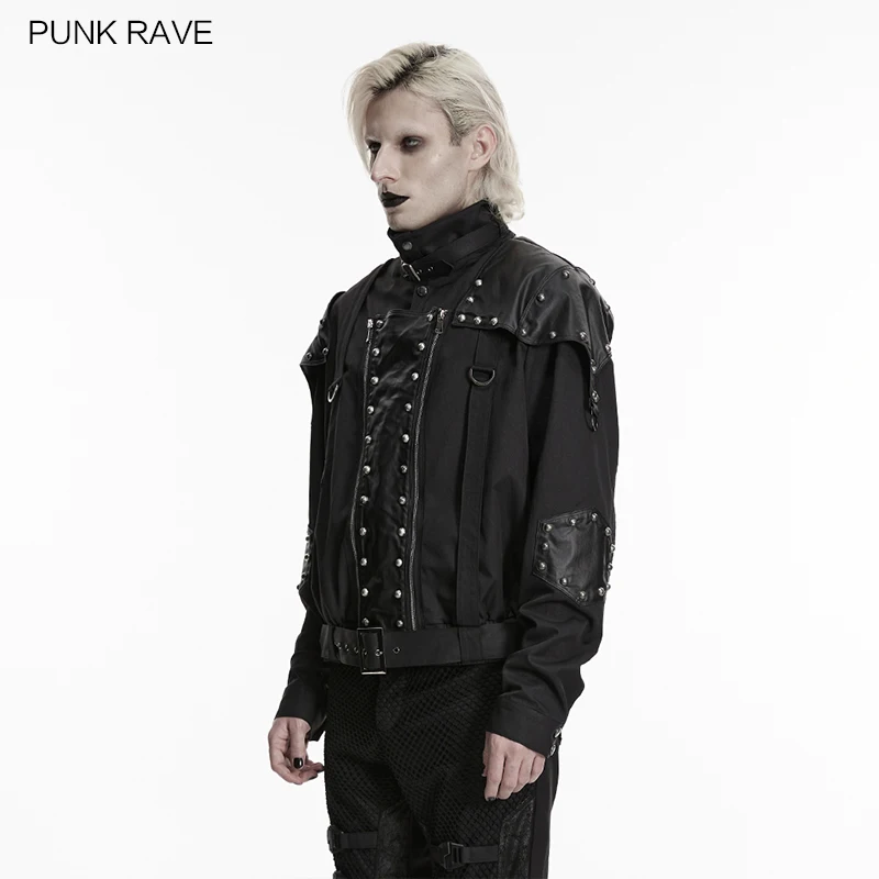 PUNK RAVE Men's Punk Military Style Twill & Rubberized Faux Leathe Short Jacket Stand Collar Loose Rivets Cool Stylish Coat