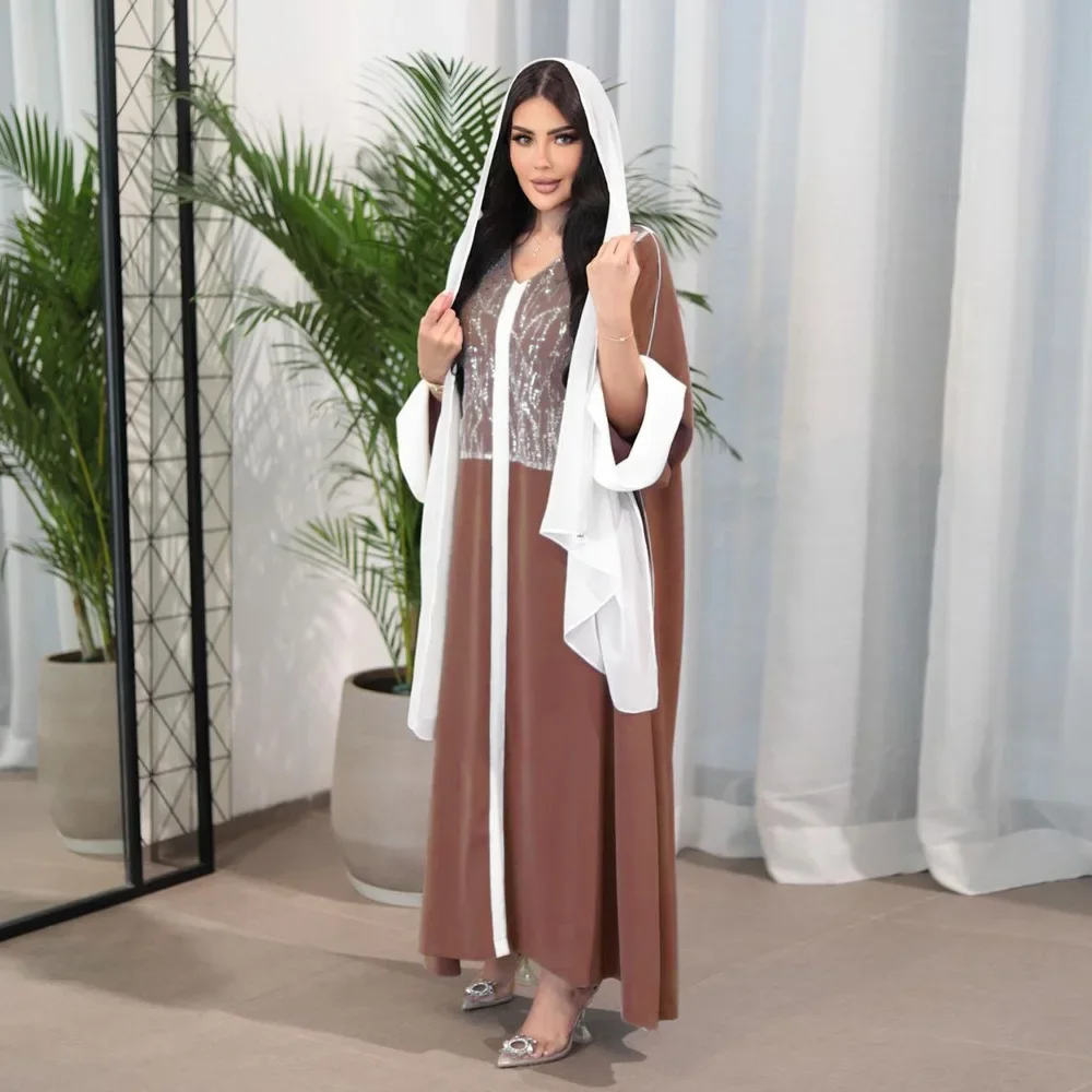 فستان ساتان متباين الألوان للنساء المسلمات في الشرق الأوسط، فستان مطرز بالترتر، عباية طويلة فضفاضة