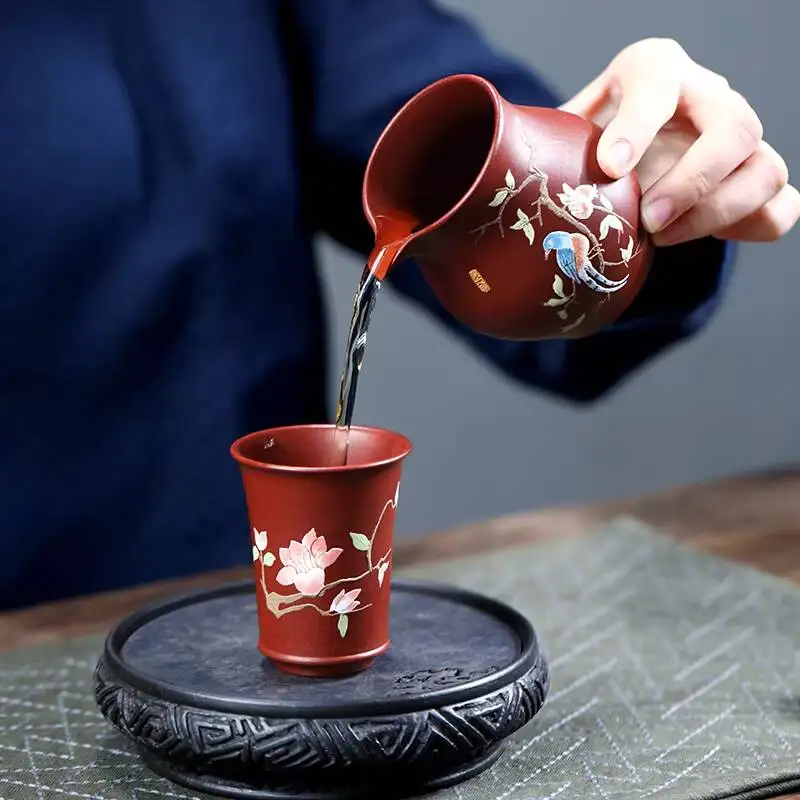 Changtao]Yixing Original Mineral Handmade Purple Tea Ceremony Accessories, Red Clay With A Painted Green Bird Design, Fair Cup