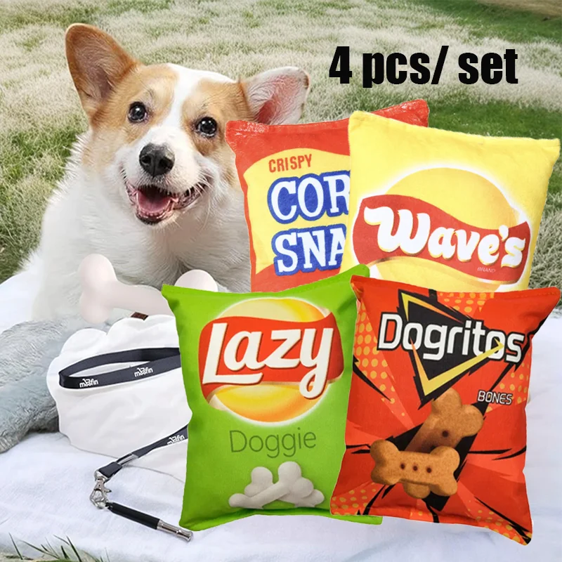 4pcs Dog Toys Crisps Plush Filled Pets Squeaky Chew Toy Bite-resistant Sounding Paper Toys For Small Medium Pets Supplies