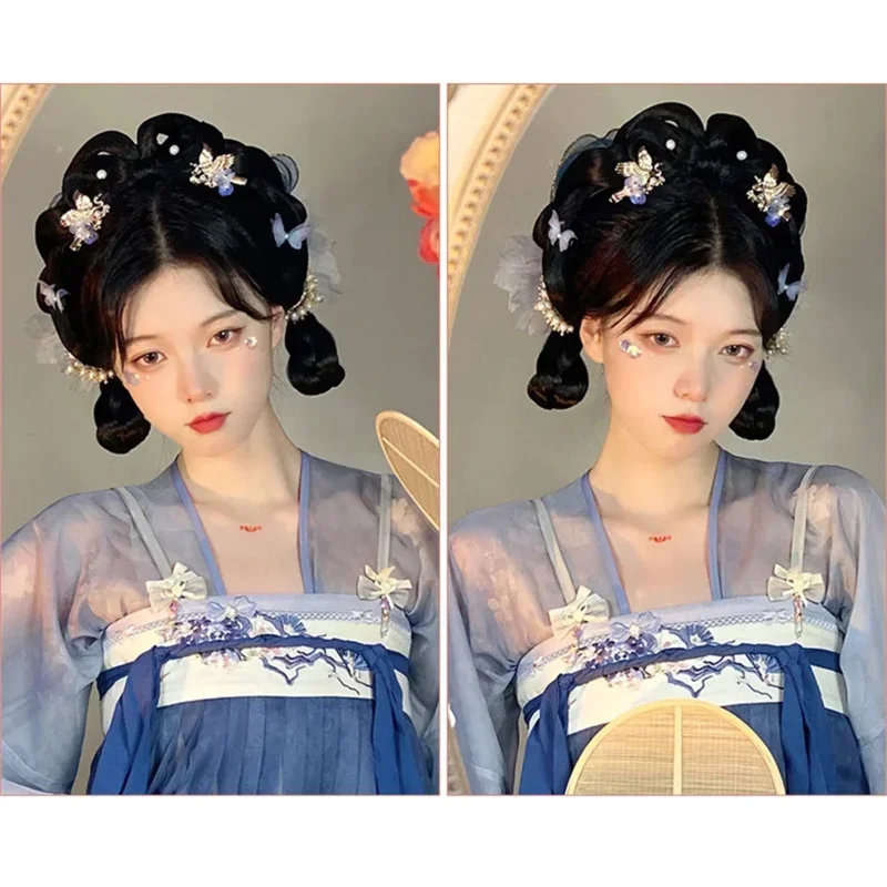 A AS Chinese Ancient Wig Women Hanfu Wigs Headdress Photography Dance Accessory Wigs Black For Women Integrated Hair bun  High t