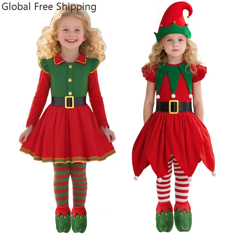 

Girls Christmas Elf Dress Costume Set Christmas Baby Cute Role Play Gift Elf Hat Knee Socks Suitable For Christmas Party Suits
