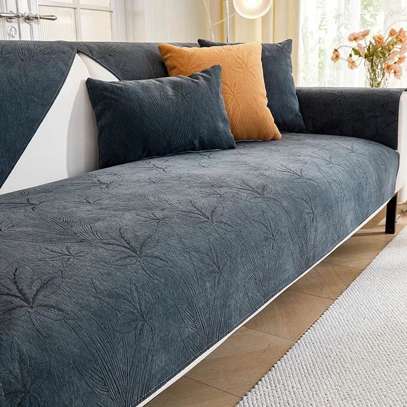 Nordic Chenille Sofa Covers, Non Slip Couch Covers for Sofas, Jacquard Leaves Chair Slipcover for Living Room, 4 Seater