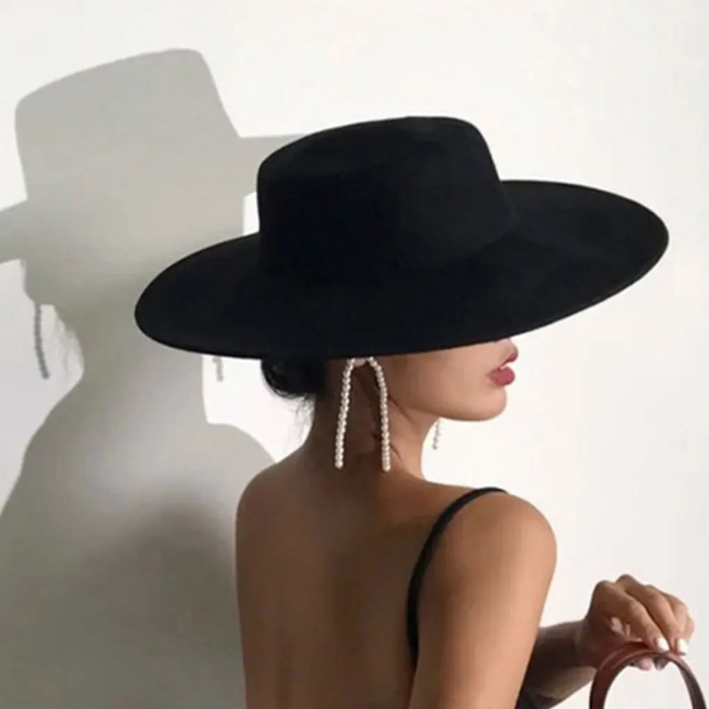 Damski czarny filcowy kapelusz, modna, klasyczna mieszanka Fedora, formalny cylinder z szerokim rondem, płaska czapka kościelna Derby