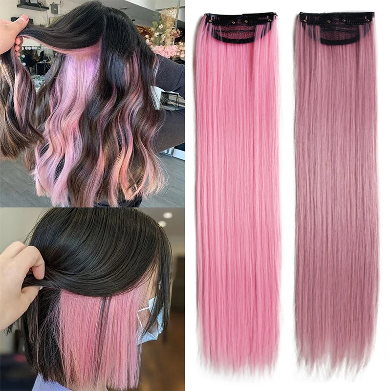 Long 22inch Synthetic Rainbow Clip In Hair One Piece Straight Colored Clips In Hair Extensions 2 Clips With Net In Hair For Kids