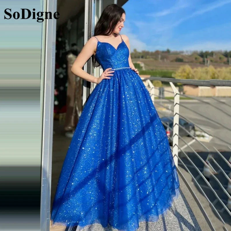 

SoDigne Blue Glitter Shiny Evening Dresses 2023 Sexy Tea Length A Line With Belt Lady Formal Party Gowns Prom Dress