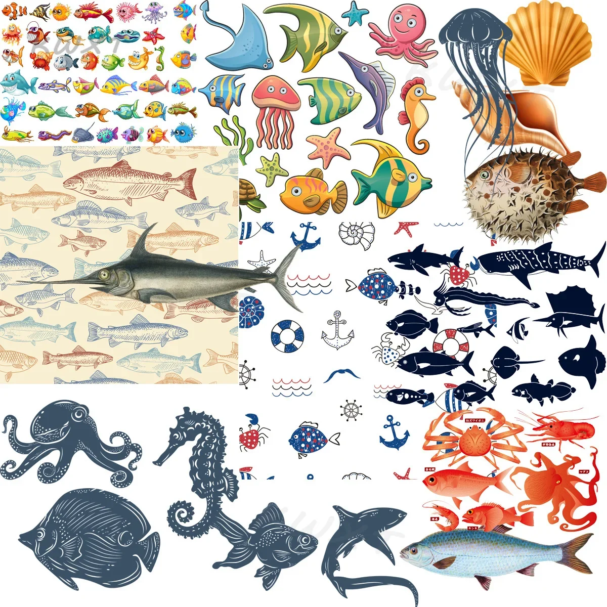 13700+ Sea Ocean Animal Plants Vector Cartoon Hand-drawn AI EPS Fomat Cutting HD Printing Fish Coral Design Files