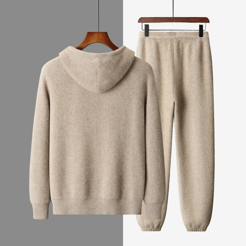 ANGEL 100% Cashmere Men Hoodie Cardigan and Pants Knit Set Autumn Winter Thick Smart Casual Cashmere Sweater Trousers Suit Set
