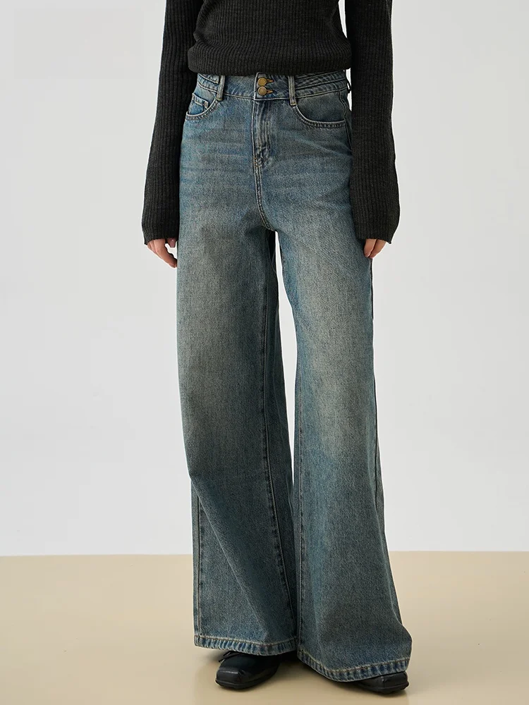 

Женские джинсы с высокой талией и широкими штанинами, свободные повседневные джинсовые брюки, осенняя новинка, стройнящие длинные брюки глубокого цвета