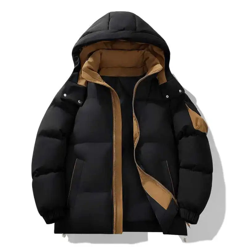 

2025 мужской пуховик, зимняя утолщенная мужская верхняя одежда с воротником-стойкой и капюшоном, контрастного цвета, свободное удобное мужское пальто с длинными рукавами