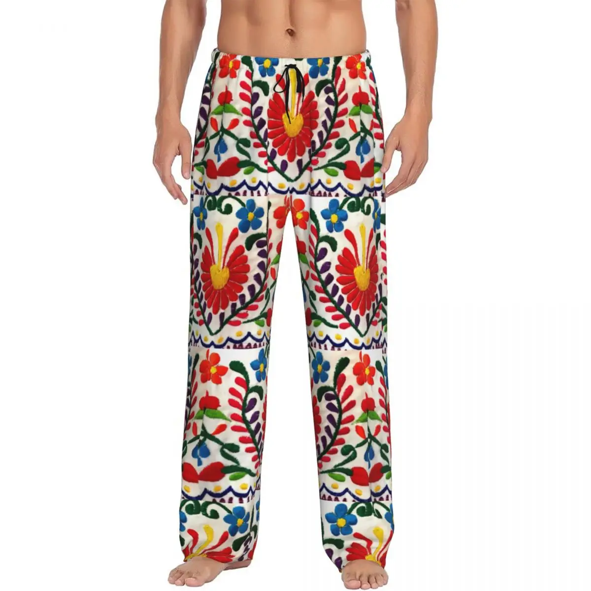 Custom Mexican Flowers Embroidery Pajama Pants Sleepwear Men Elastic Waistband Sleep Lounge Bottoms with Pockets