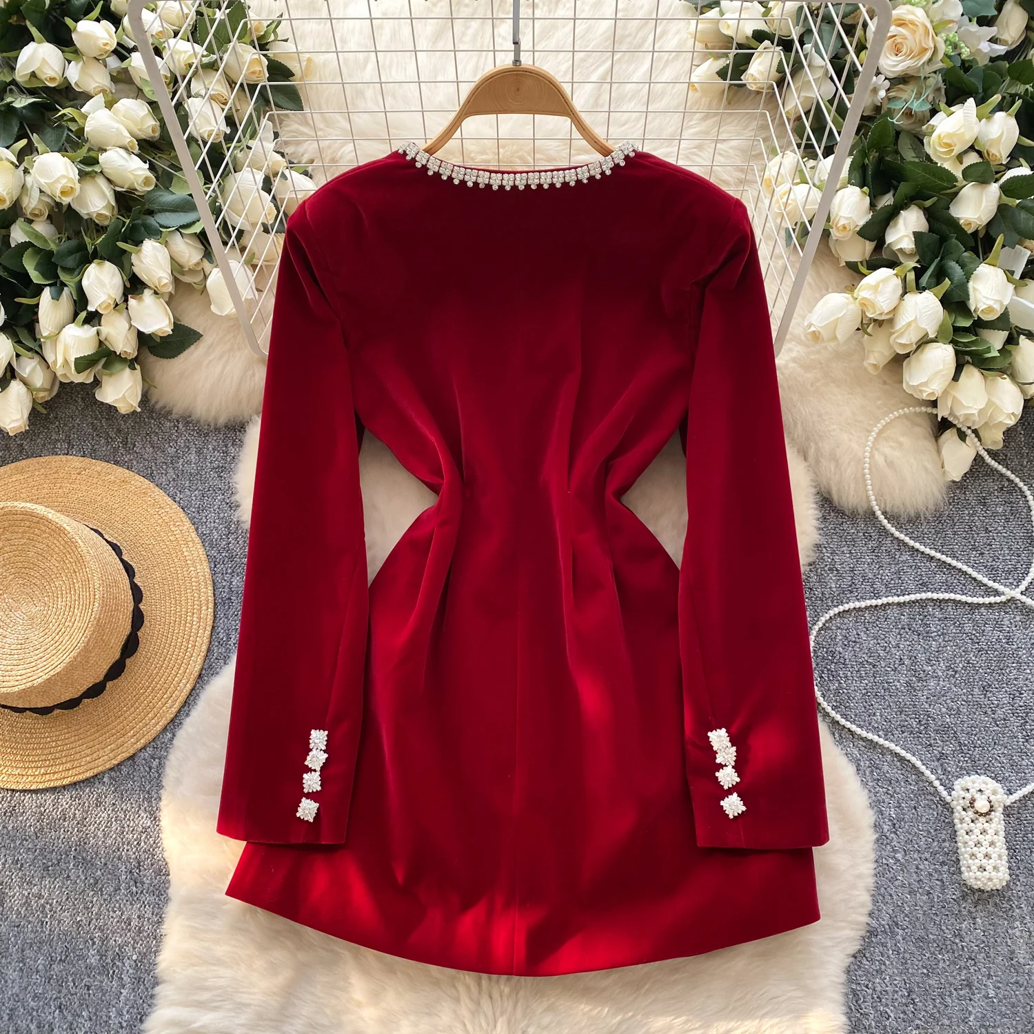 Élégant Chic col rond à manches longues velours français soirée haute rue femmes vêtements mini robe