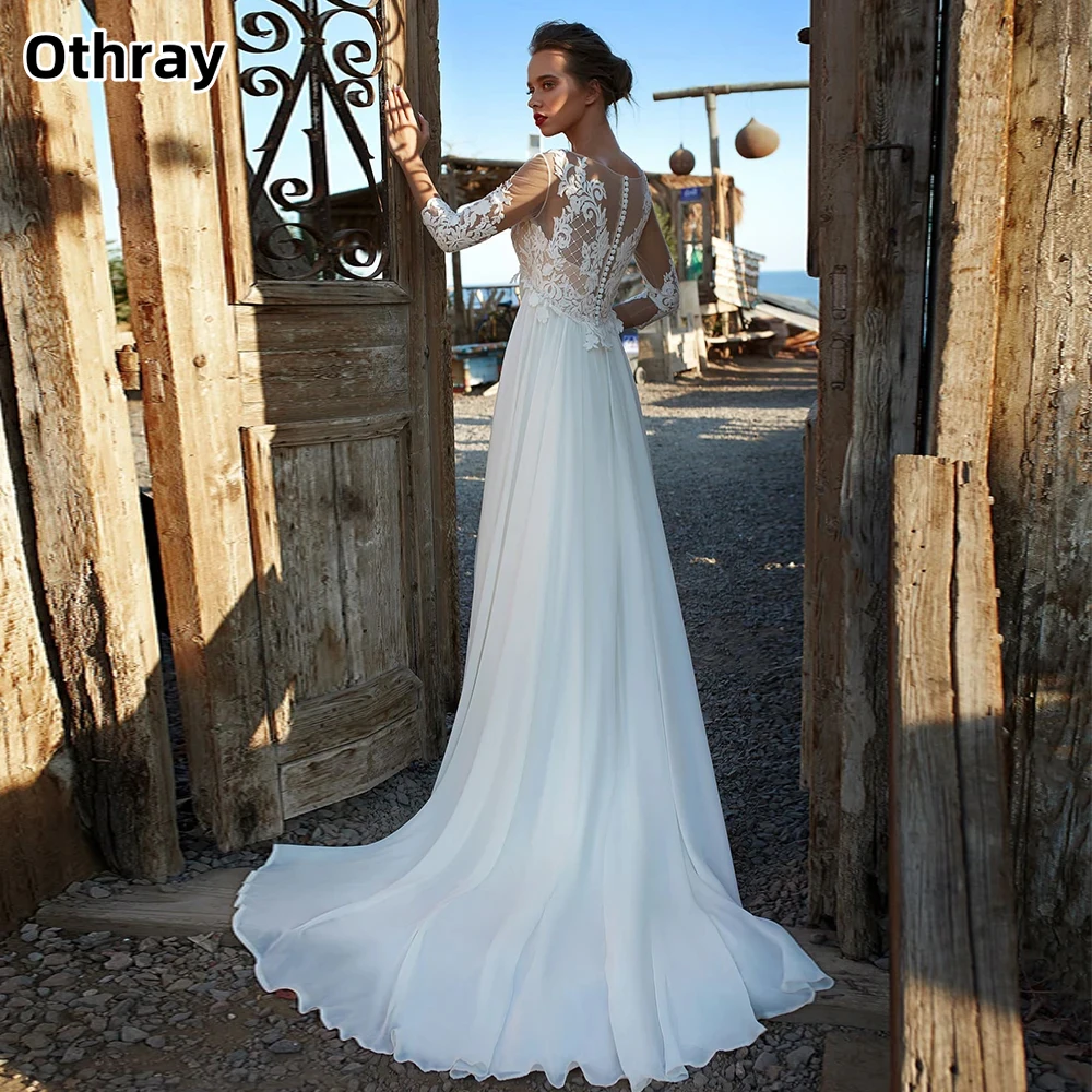 Othray Chiffon Lace Bridal Dress Pearls Back Appliques Long Sleeves A-line Sweep Train Brides Wedding Dresses Party Wear