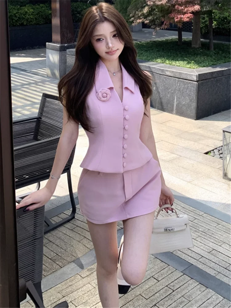 

Sweet Spice Girl 2 Pieces Pink Suits New Summer Celebrity 2pc Sleeveless Halter Short Vest Top&High Waist Mini Pencil Skirt Sets