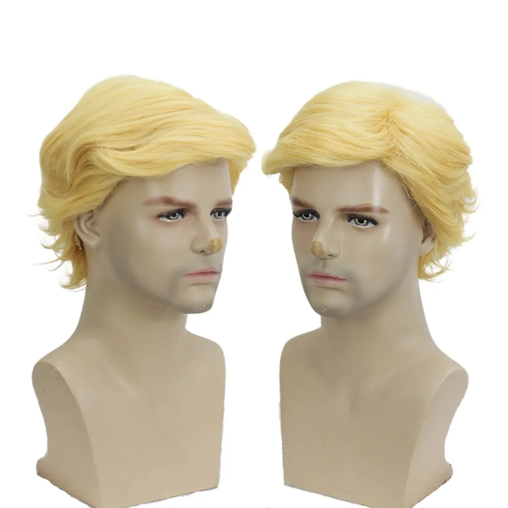 Peluca de cosplay de pelo corto dorado Donald para hombres y mujeres, ideal para fiestas de disfraces y eventos de cosplay