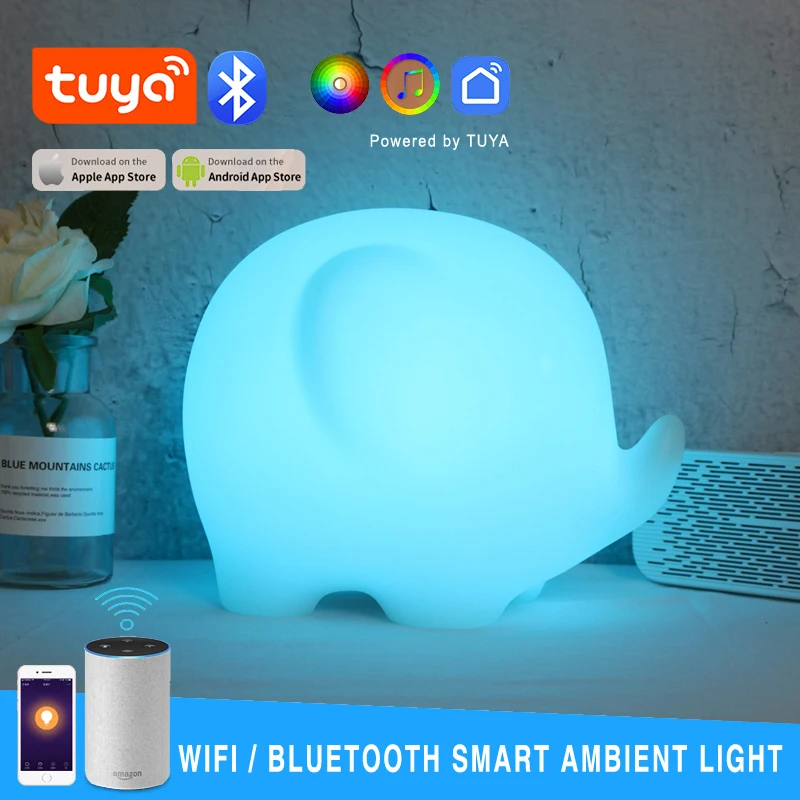 Smart Life Tuya App Controle Remoto RGB Night Light, Lâmpada de Mesa Regulável Elefante dos Desenhos Animados, Presente de Natal, Funciona com o Google Home, Alexa