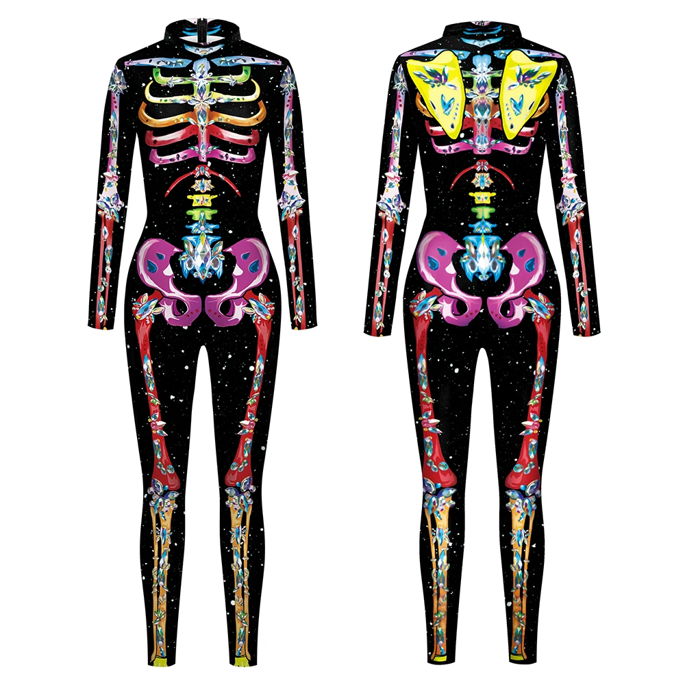 Colored Skeleton Jumpsuit Women Halloween Cosplay Costume Spandex Elastic Catsuit Party Zentai Suit Carnival Adult Rompers