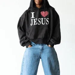 2024 autumn new pure cotton wash printing I Love Jesus Print Graphic Black Acid Washed Pullover Hoodie Hoodie  hoodies