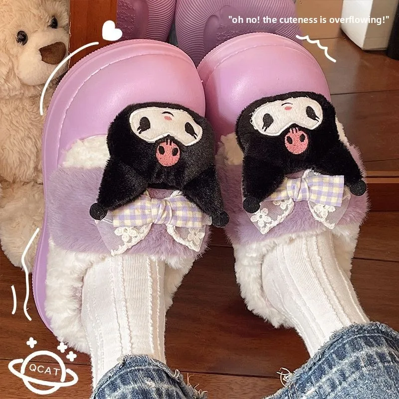 Kawaii سانريو كورومي بلدي ميلودي نعال من القطن الفتيات الشتاء سميكة سوليد عدم الانزلاق الدافئة غامض النعال المنزل ملابس خارجية لطيف هدية #5