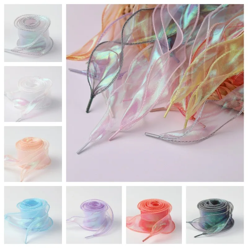 4CM Wide Iridescent Silk Shoelaces, Holographic Mesh Satin Laces for Clogs & Sneakers, Premium 1 Pair