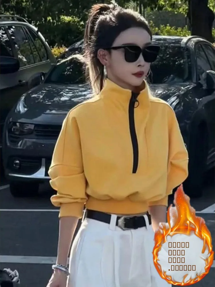 

Модная женская утепленная толстовка с воротником-стойкой, длинными рукавами, на флисовой подкладке, свободного кроя, в корейском стиле, осень-зима