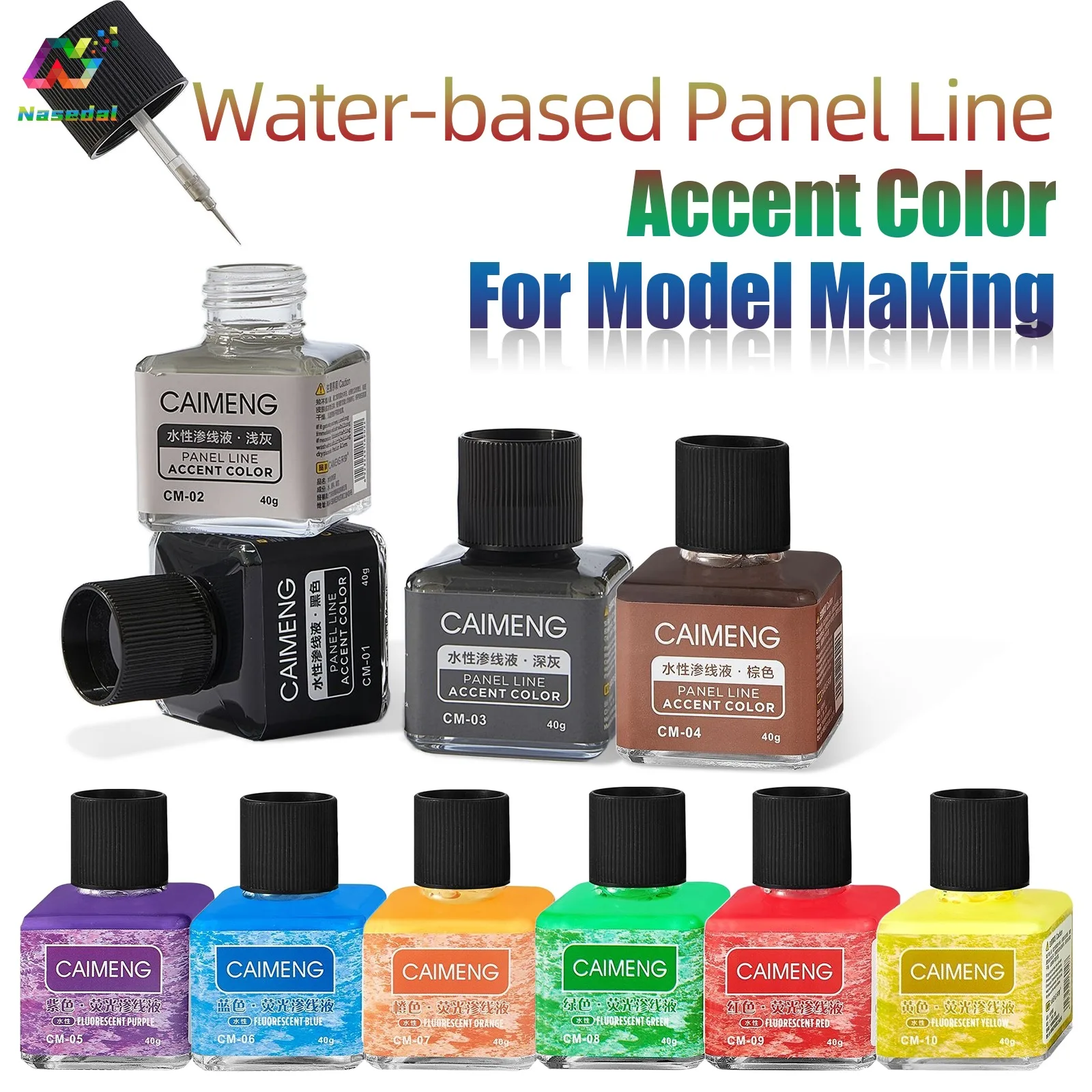 

Nasedal Water Based Panel Line Accent 4 Basic 6 Fluorescent Colors 40g Penetrating Ink for Gundam Model Making Hobby DIY Project