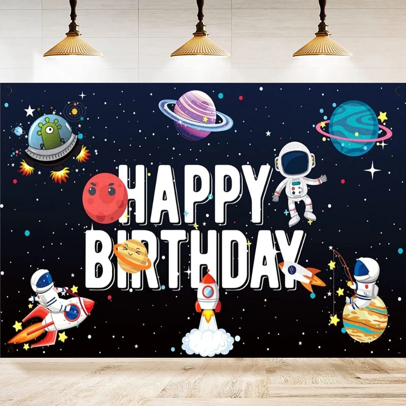 Photography Backdrop Outer Space Happy Birthday Decor Astronaut Spaceship Theme Banner To Kids Solar System Bday Background