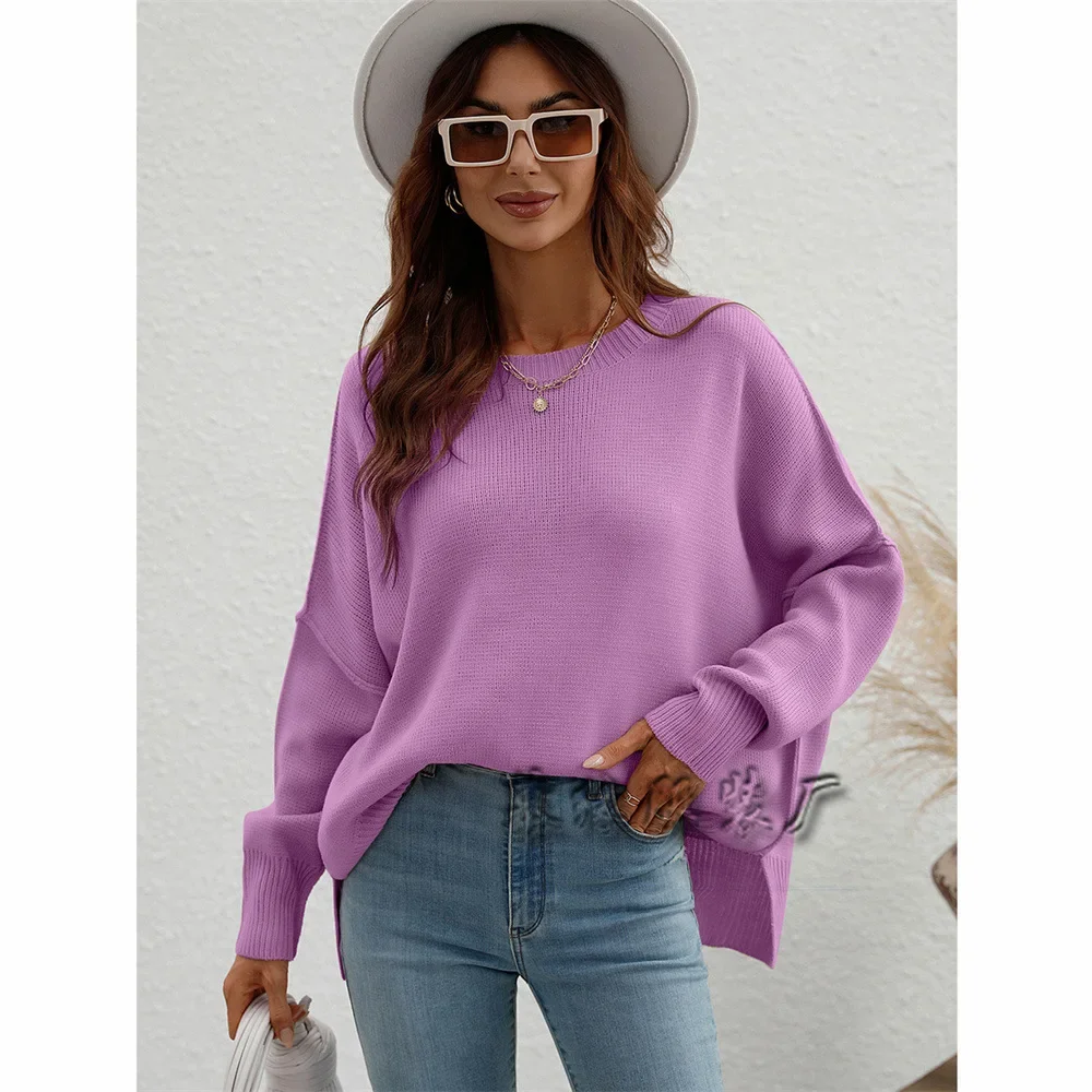 Frauen Strick pullover Rundhals ausschnitt lose Langarm Strick pullover elegante solide Outwear Pullover Spleiß Herbst Winter 2024