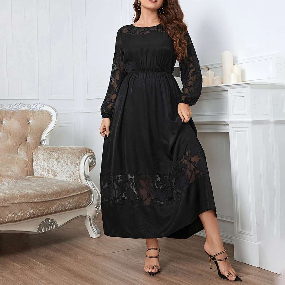 Plus Size Lace Women Long Sleeves O Neck Patchwork A Line Party Dress Autumn Winter Female Elegant Evening Night Gown Dresses