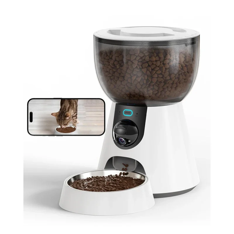 

Automatic cat feeder with camera, 1080p HD video, night vision, 5G WiFi, 2-way audio, 10s voice recorder, low food & blockage se