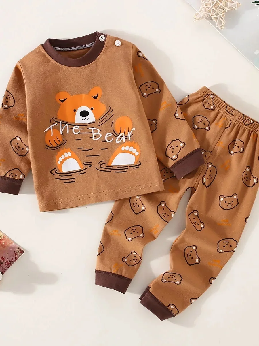 Toddler Boys Underwear Set Cotton Lettering And Bear Pattern Long Sleeve Top And Matching Pants Pajama Set